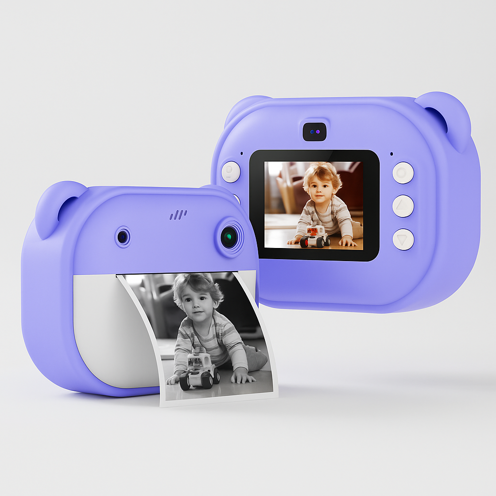 Purple children's camera with screen displaying a child and photo printer on a white background