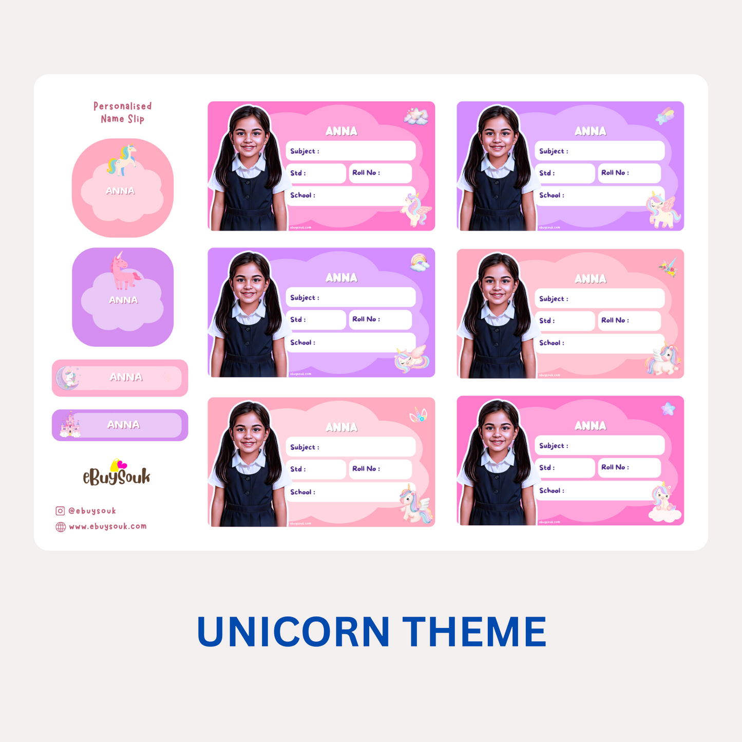 unicorn themed personalized name slips