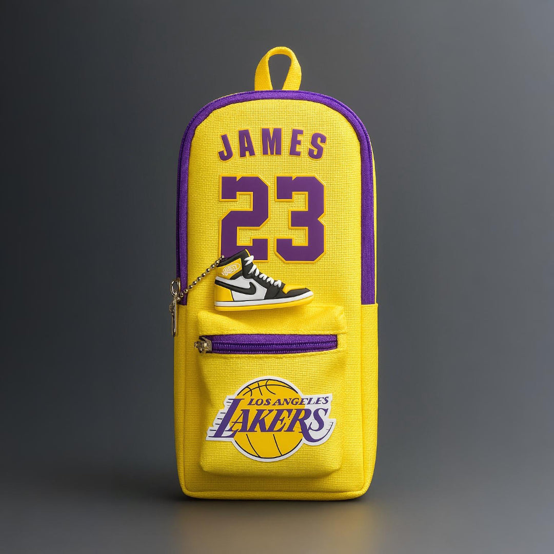 Yellow backpack with 'Los Angeles Lakers' and 'James 23' branding on a gray background