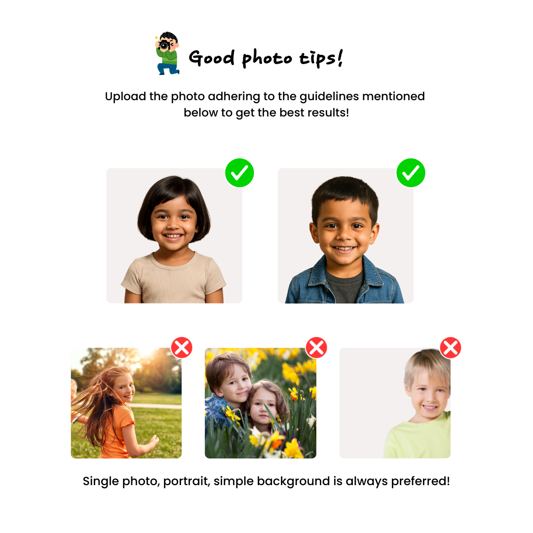 Guidelines for good photo tips with examples and corrections on a white background.