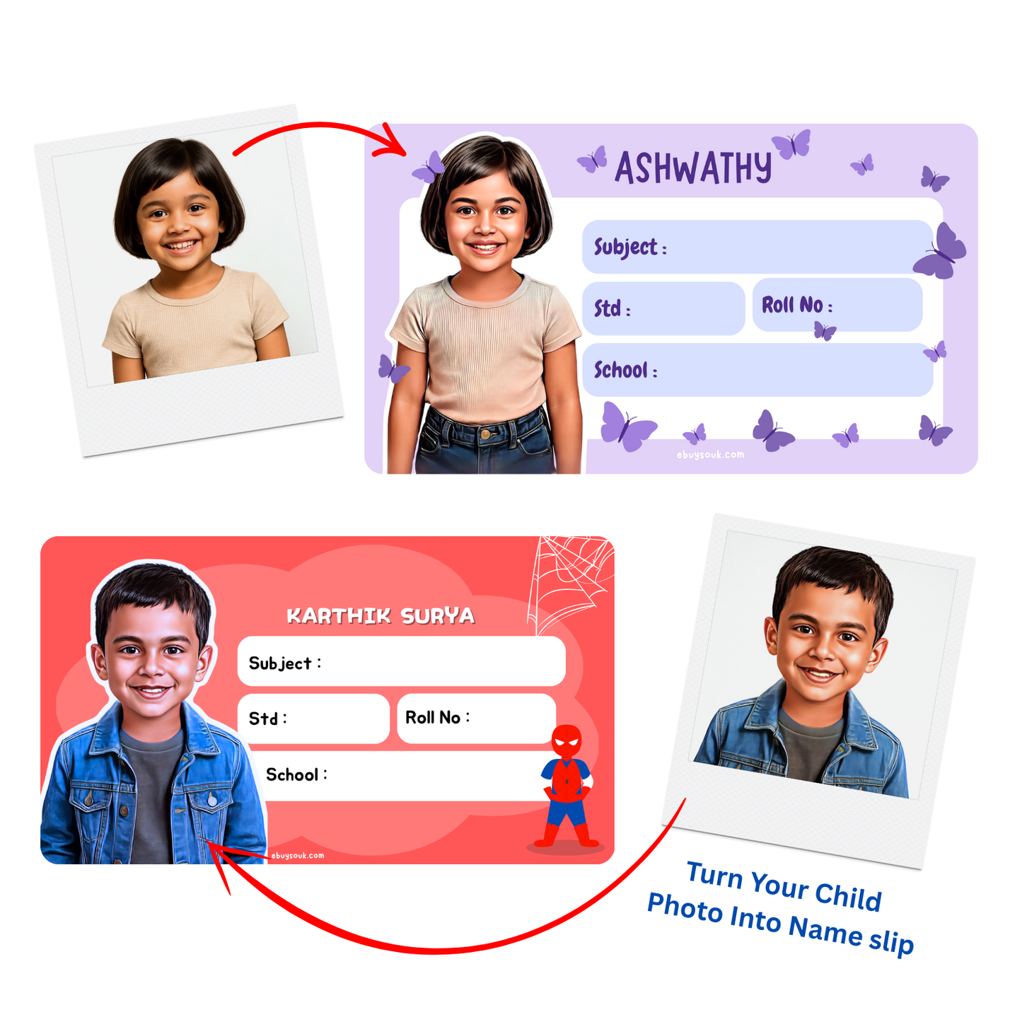 A collection of personalized name slips with children's photos, designed for use on school supplies. Each label has a space for a photo and text, with decorative elements like butterflies and superhero graphics.