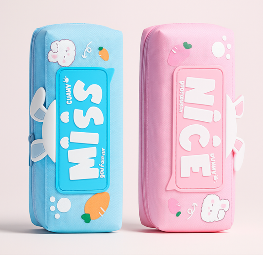 Two pencil cases, one blue and one pink, with cartoon designs 