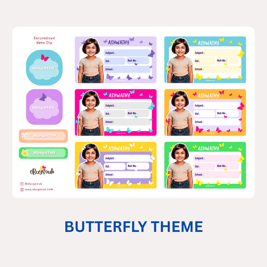 A collection of personalized name slips with a butterfly theme, featuring a photo of a child and customizable text fields for names and other information.