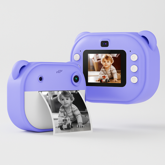 Purple children's camera with screen displaying a child and photo printer on a white background